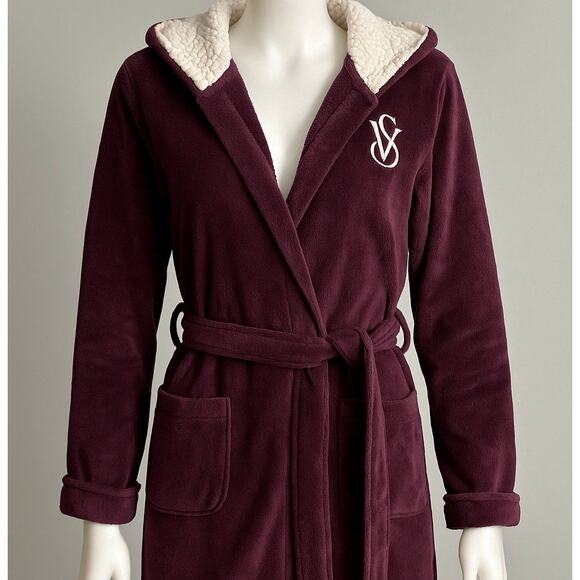 Victoria’s Secret Hooded Fleece Robe Purple Sherpa Lined Tie Waist Bathrobe‎ S/P - Picture 1 of 11